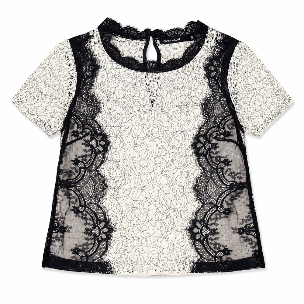 Karen Millen Lace Top Contrast Panel Womens US 6 Cream Black Blouse Victorian